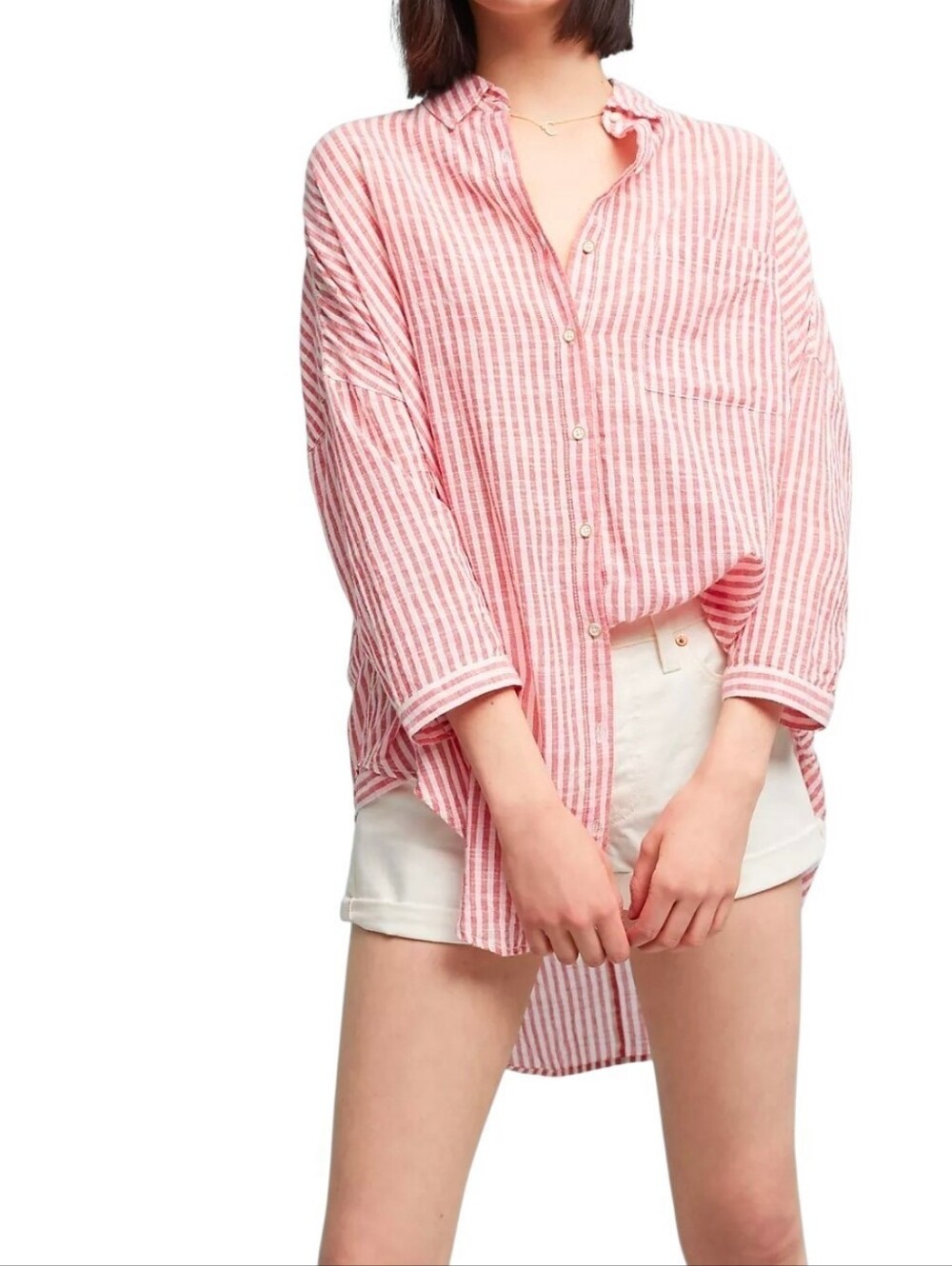 Anthropologie 100% Cotton Pink & White Striped Button-Down Shirt Size Large